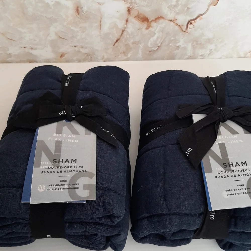 West Elm Belgian Flax Linen Frayed Edge King Quilted Shams Midnight Blue